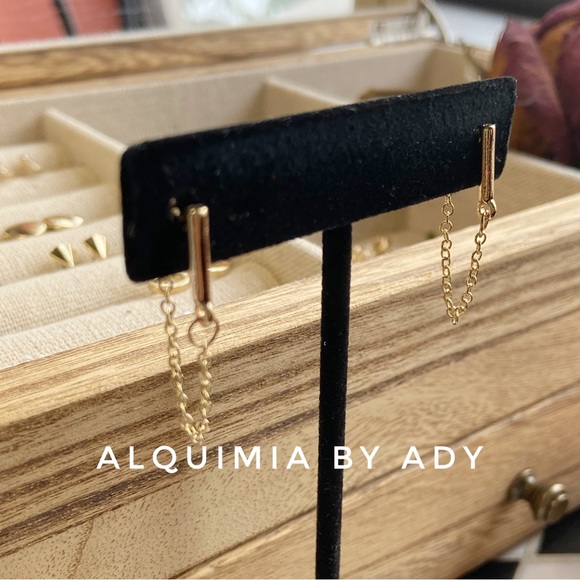 Alquimia Jewelry - 14k gold dainty dangle chain  mini small  hoops